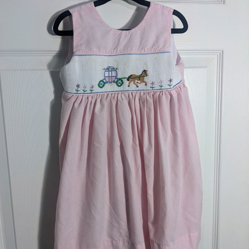 Wish Upon a Star Size 1 girls. Pink and White  smocked dress. Carriage and horse